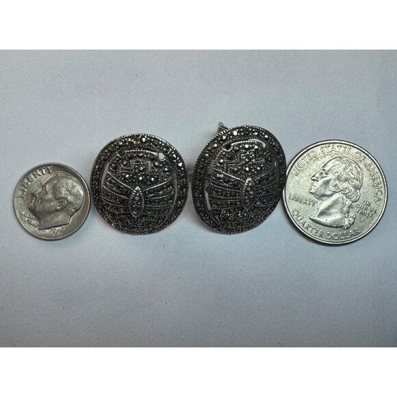 Vintage Sterling Silver 925 Marcasite Oval Post Earrings Estate 10.5g Art Deco - Picture 6 of 9